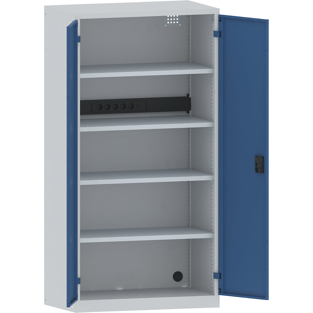 LISTA – Armario cargador de baterías, 4 baldas, puertas de chapa maciza, regleta de enchufes detrás, gris / azul