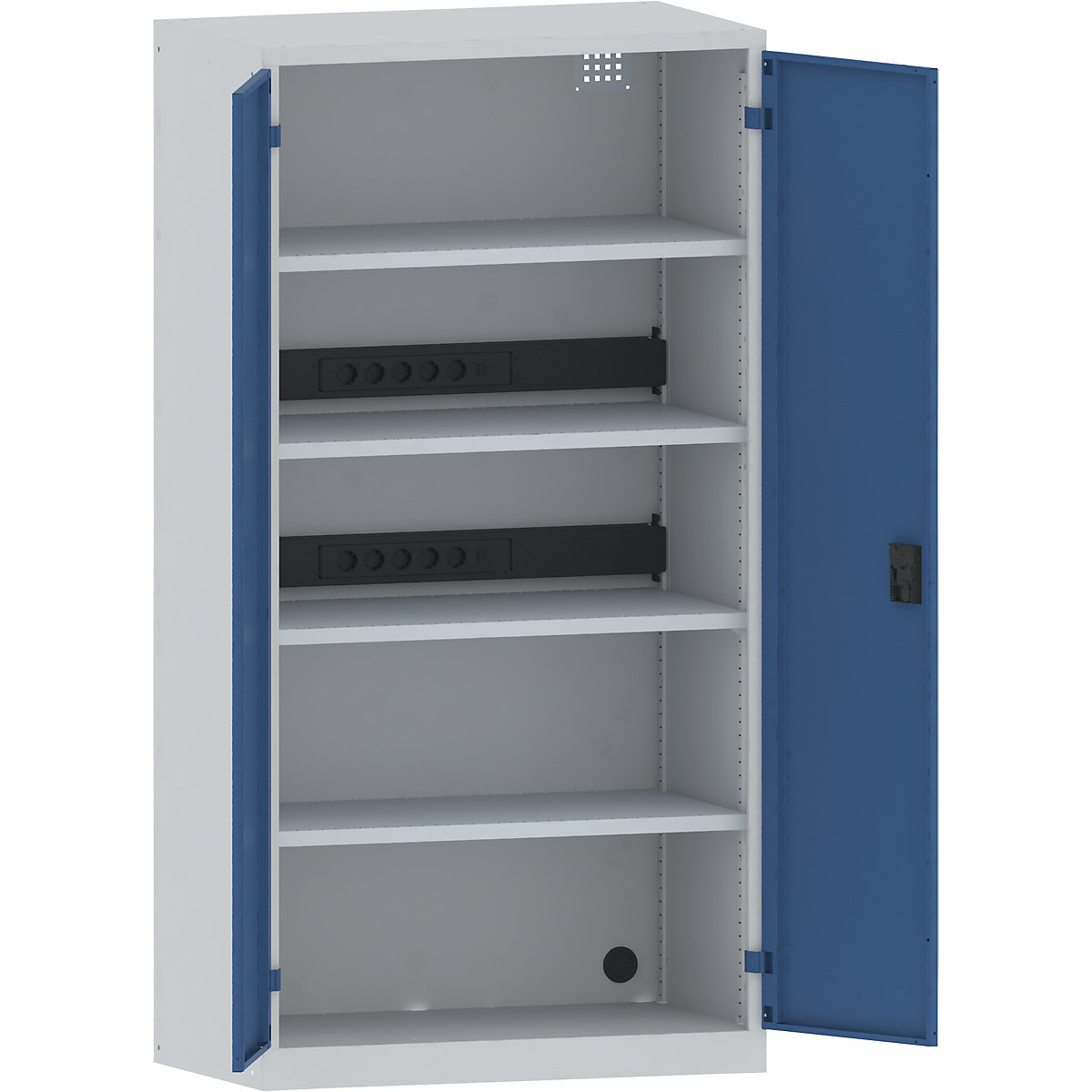 LISTA – Armario cargador de baterías, 4 baldas, puertas de chapa maciza, 2 regletas de enchufes detrás, gris / azul