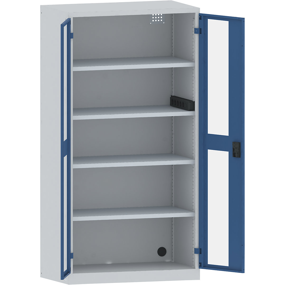 LISTA – Armario cargador de baterías, 4 baldas, puertas con ventanilla, regleta de enchufes lateral, gris / azul