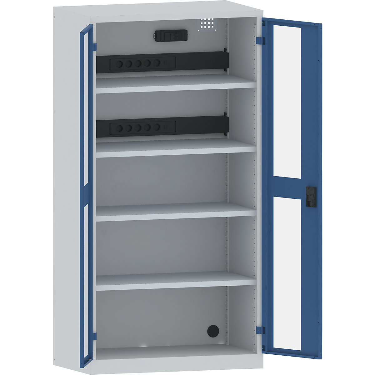 LISTA – Armario cargador de baterías, 4 baldas, puertas con ventanilla, 2 regletas de enchufes detrás con interruptor FI/LS, gris / azul
