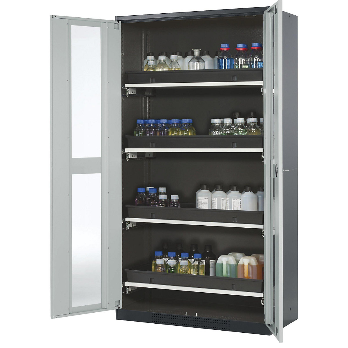 asecos – Armario de laboratorio para productos químicos, 2 puerta, alta, 4 bandejas extraíbles, con ventanilla, gris
