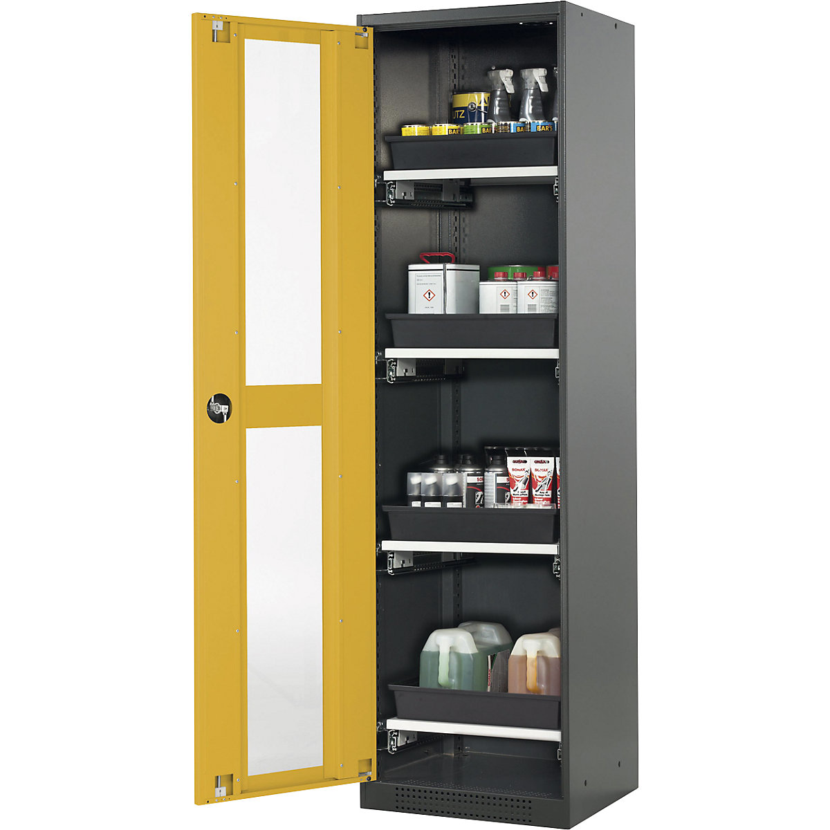 Armario de laboratorio para productos químicos – asecos, 1 puerta, alta, 4 bandejas extraíbles, con ventanilla, amarillo-1