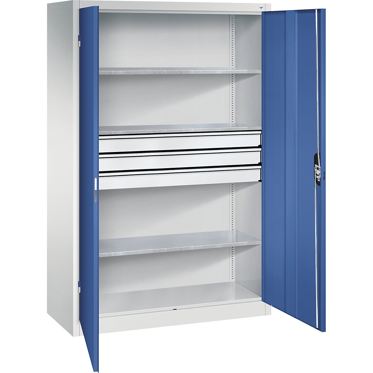 Armario de taller con puertas batientes y cajones – C+P, A x P 1200 x 500 mm, 3 baldas, gris luminoso / azul genciana-6
