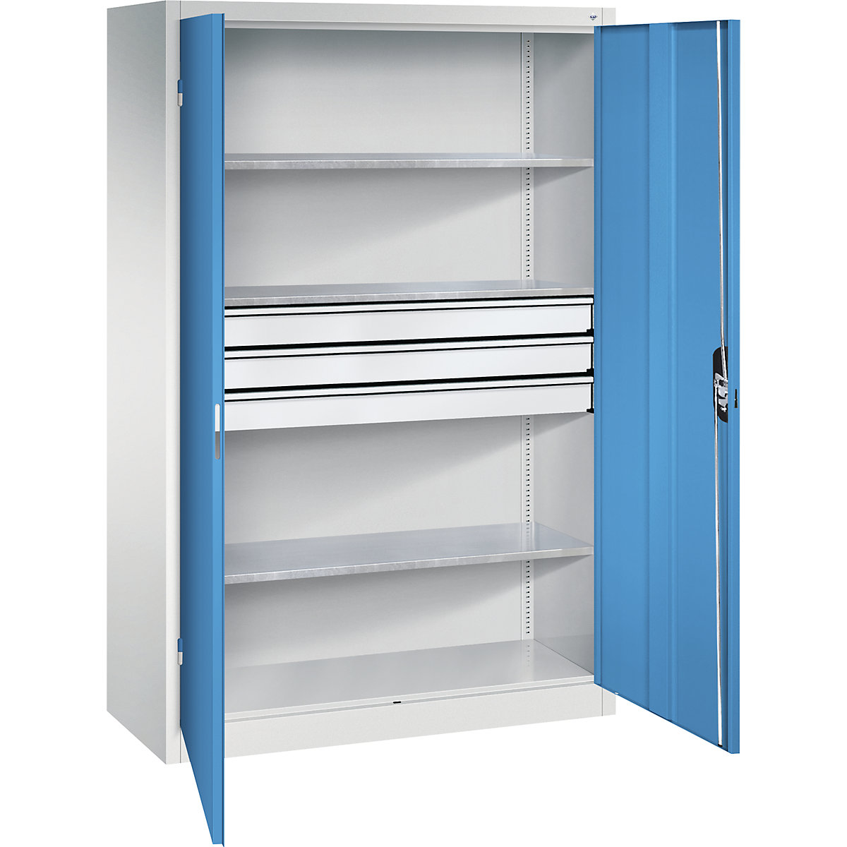 Armario de taller con puertas batientes y cajones – C+P, A x P 1200 x 500 mm, 3 baldas, gris luminoso / azul luminoso-3
