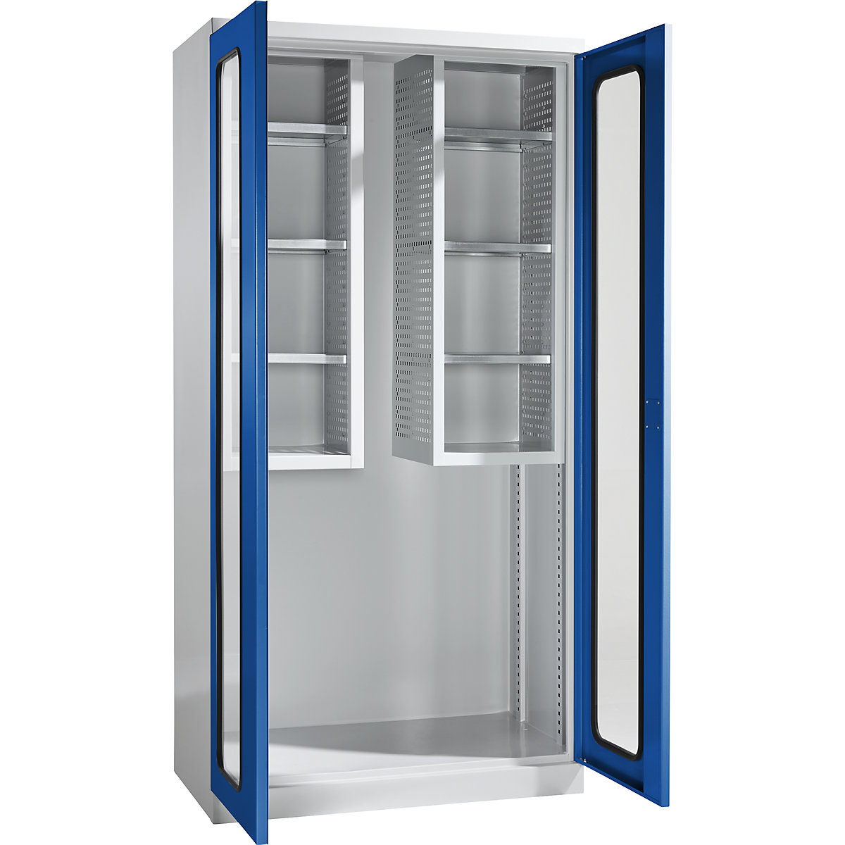 Armario para aparatos y productos de limpieza, anchura 1000 mm, puertas con ventanilla / 2 cajas-estantería, gris luminoso / azul genciana-6