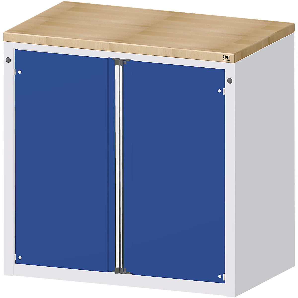 ANKE – Armario para mostrador para dispensar herramientas y material, 2 puertas, 2 baldas, gris / azul