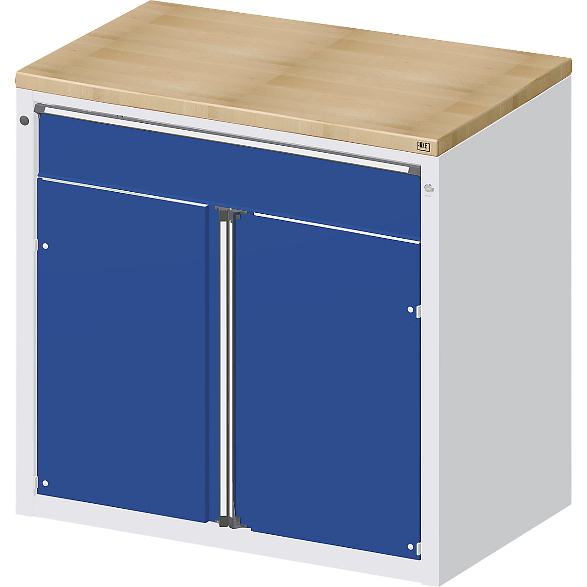 ANKE – Armario para mostrador para dispensar herramientas y material, 1 cajón, 2 puertas, 1 balda, gris / azul