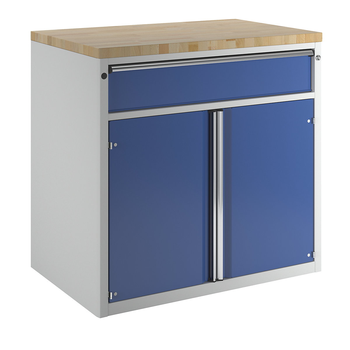 Armario para mostrador para dispensar herramientas y material – ANKE, 1 cajón, 2 puertas, 1 balda, gris / azul-4