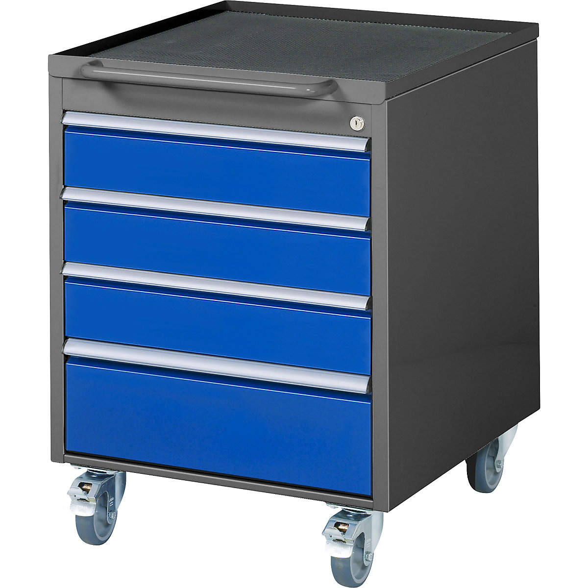 Buck rodante – RAU, H x A x P 765 x 580 x 650 mm, 4 cajones, antracita metálico / azul genciana-1