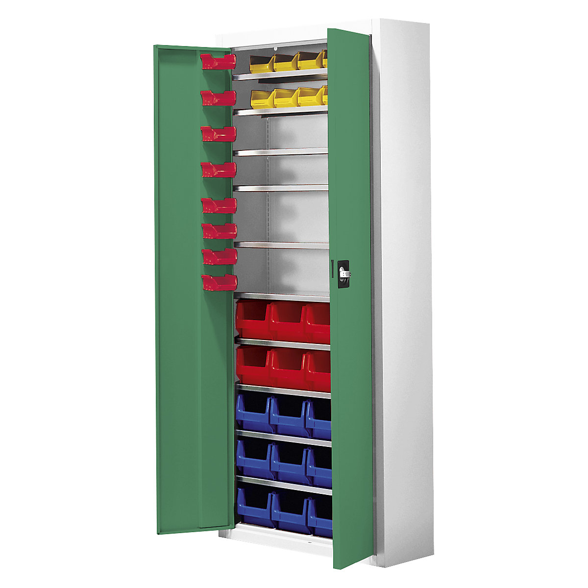 Armario-almacén con cajas visualizables – mauser, H x A x P 1740 x 680 x 280 mm, 48 cajas, bicolor, cuerpo gris, puertas en verde-3
