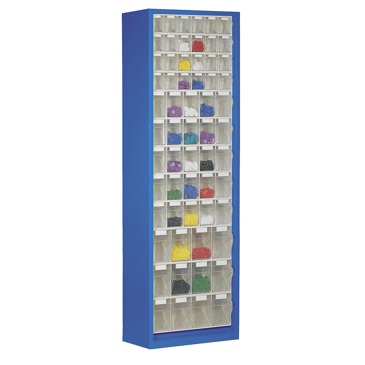 Armario-almacén de chapa de acero, con 61 cajas plegables transparentes, azul genciana