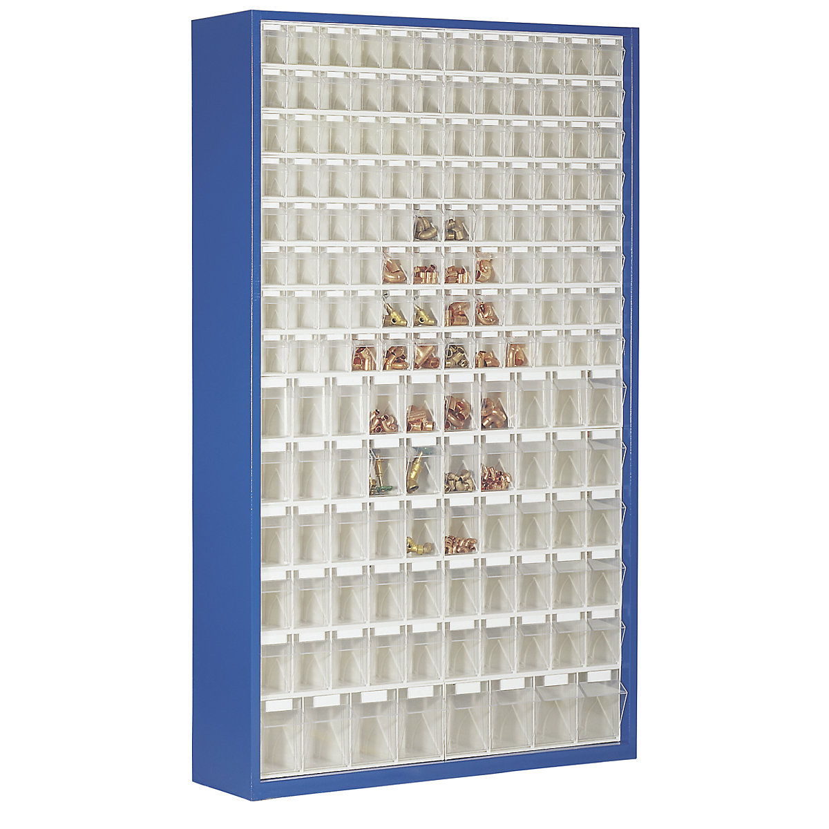 Armario-almacén de chapa de acero, con 154 cajas plegables transparentes, azul genciana