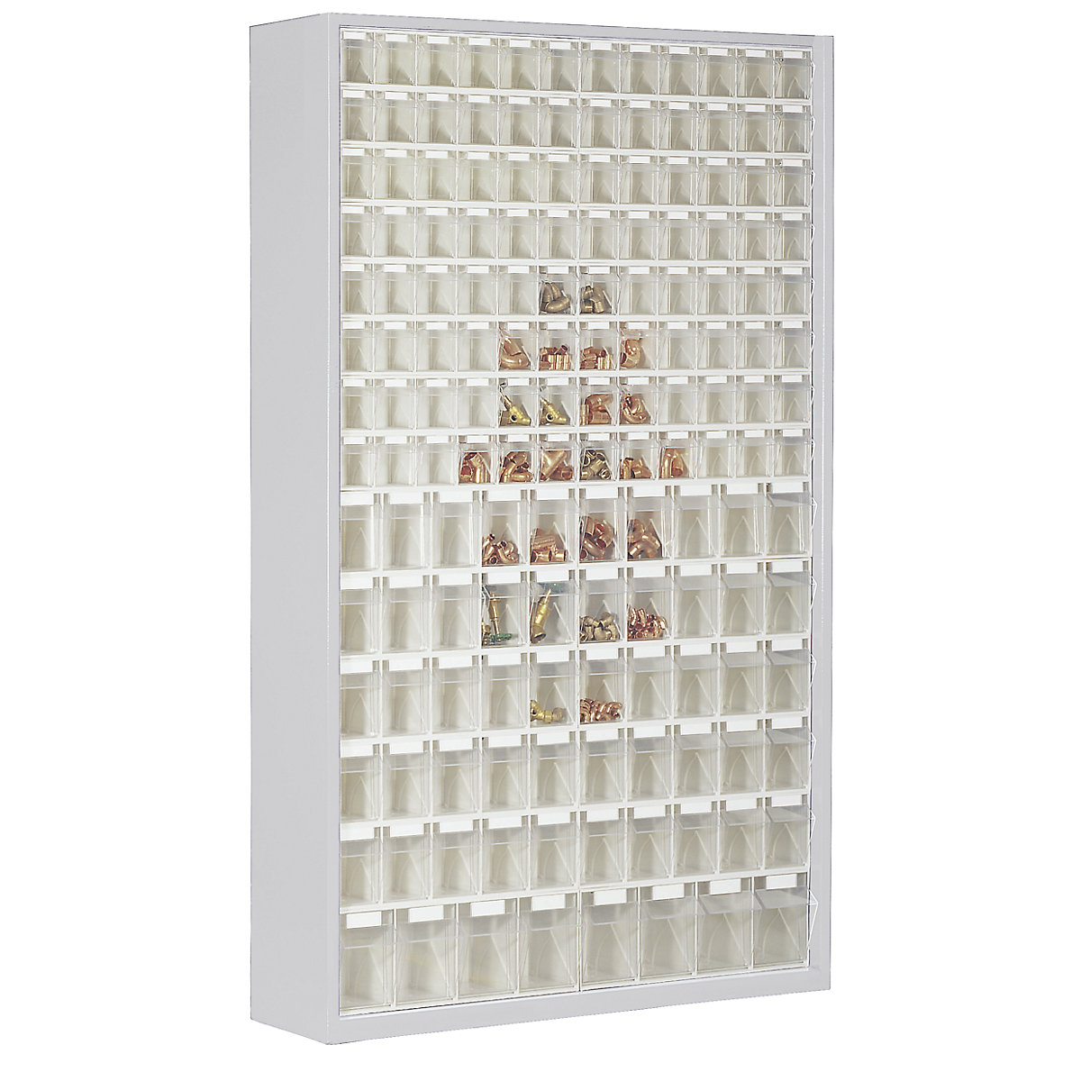 Armario-almacén de chapa de acero, con 154 cajas plegables transparentes, gris luminoso