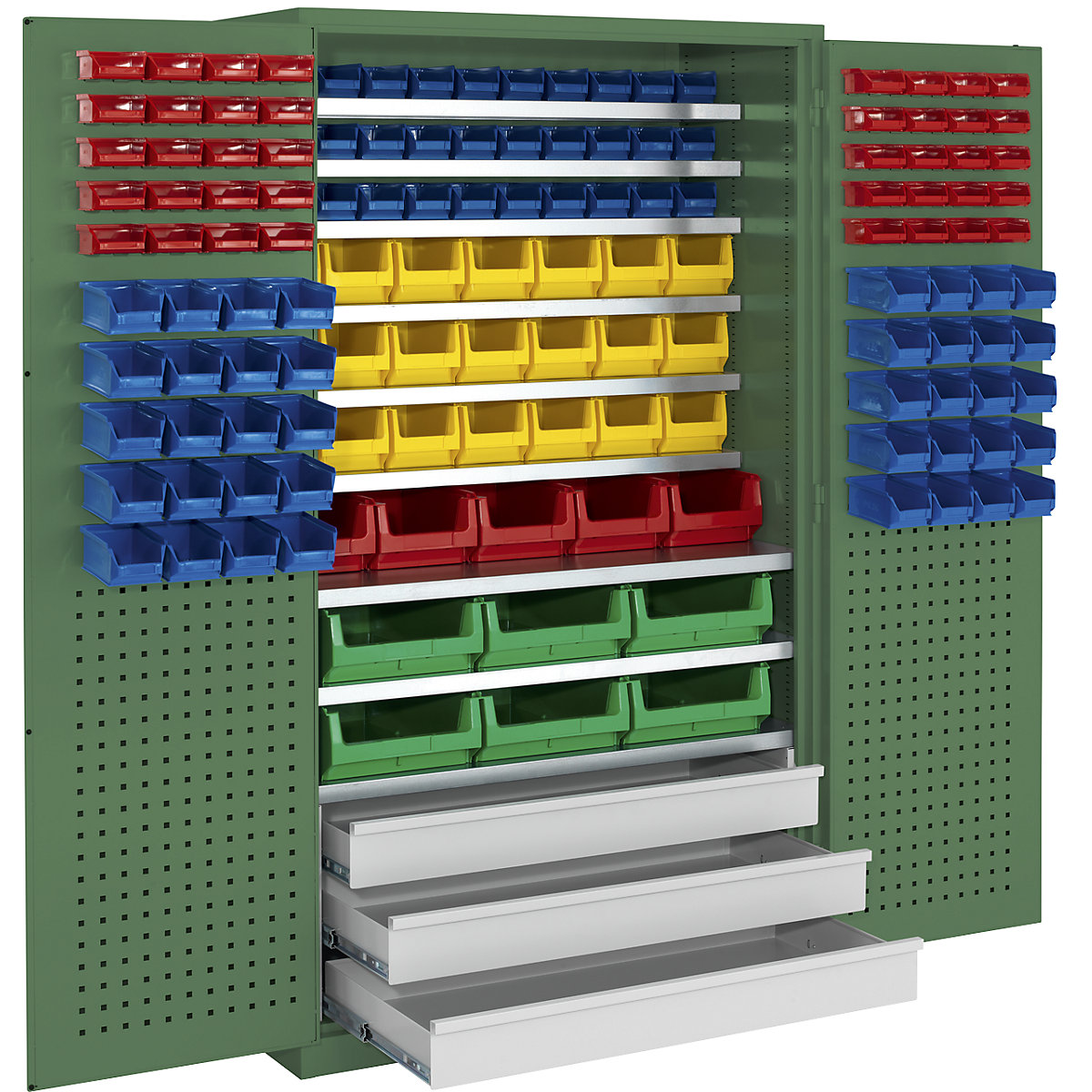 Armario de gran capacidad – mauser, 9 baldas, 142 cajas visualizables, 3 cajones, verde reseda-3