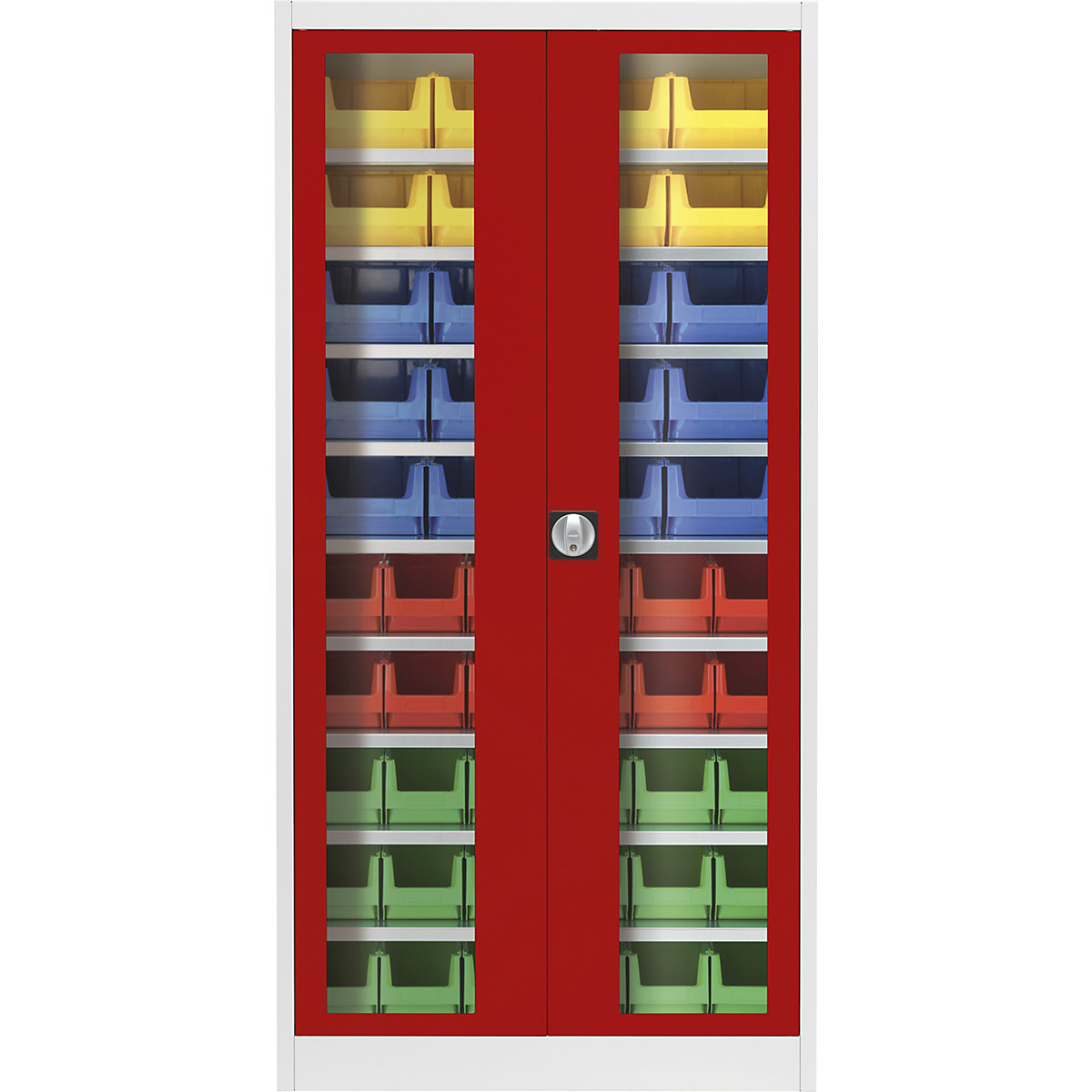 Armario de puertas batientes con ventanilla – mauser, con 50 cajas visualizables, gris luminoso / rojo vivo-6