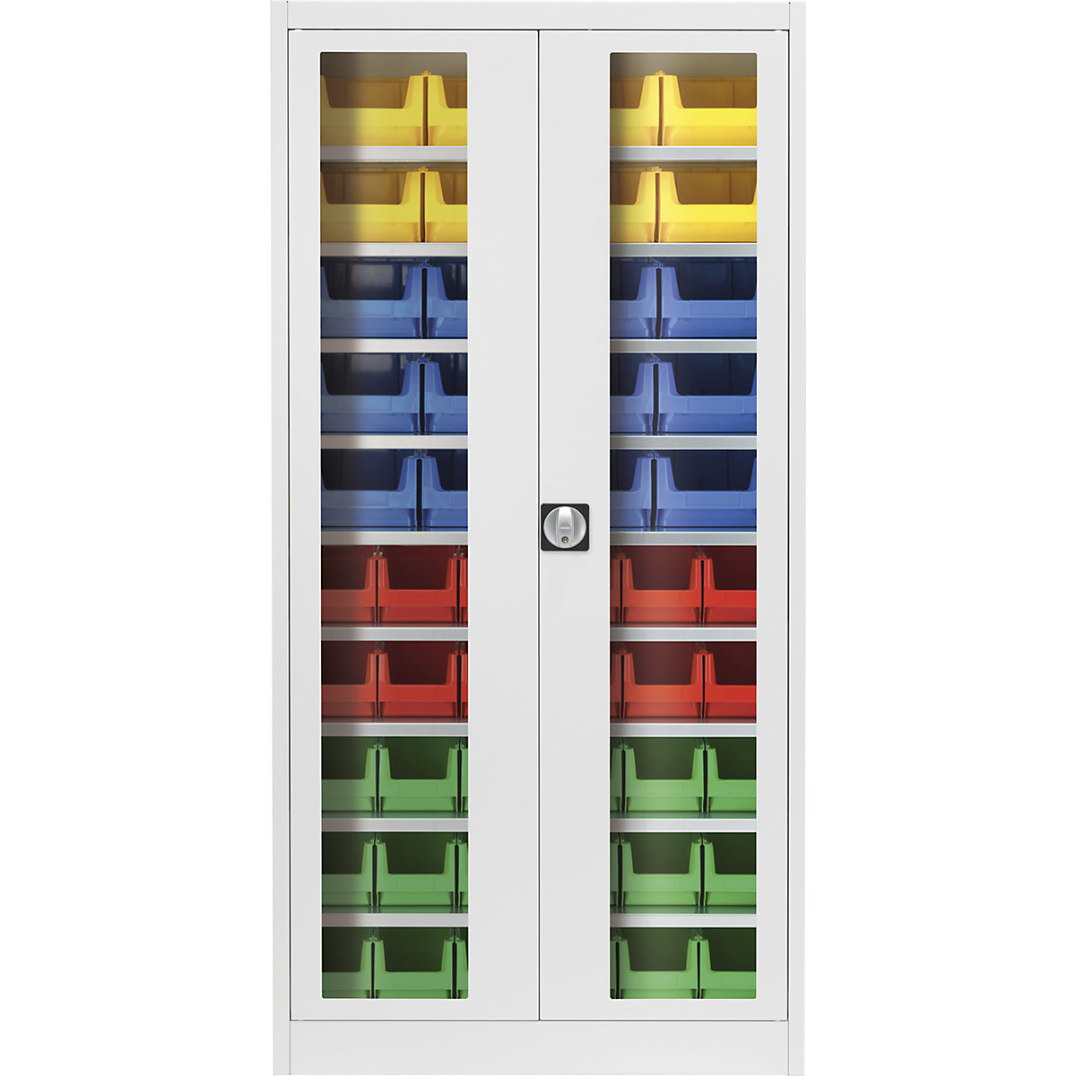 Armario de puertas batientes con ventanilla – mauser, con 50 cajas visualizables, gris luminoso-2