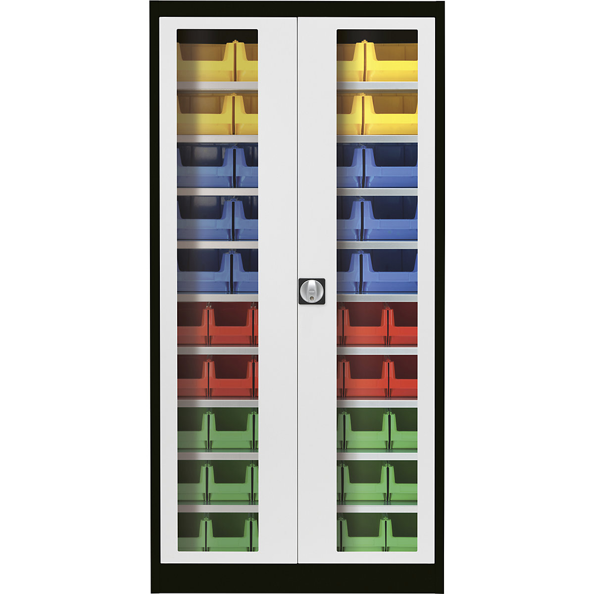 Armario de puertas batientes con ventanilla – mauser, con 50 cajas visualizables, negro grafito / gris luminoso-4