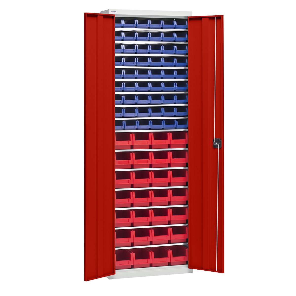 Armario para material con cajas de almacén – eurokraft pro, altura 2000 mm, 15 baldas, gris luminoso / rojo tráfico-4