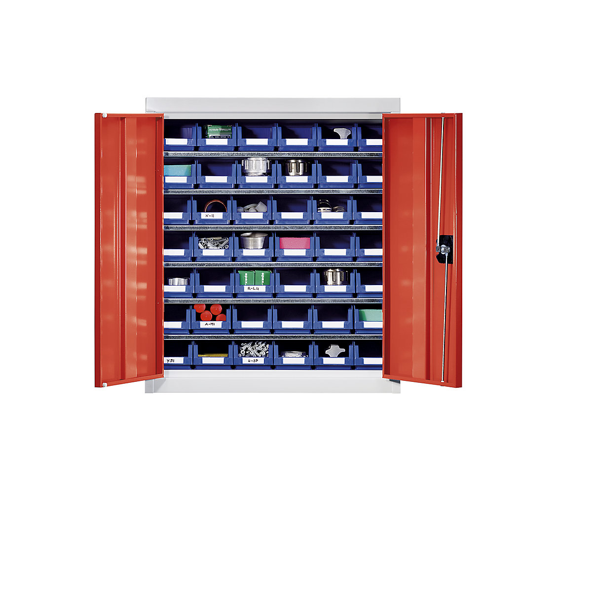 Armario para material con cajas de almacén – eurokraft pro, altura 780 mm, 6 baldas, gris luminoso / rojo tráfico-7
