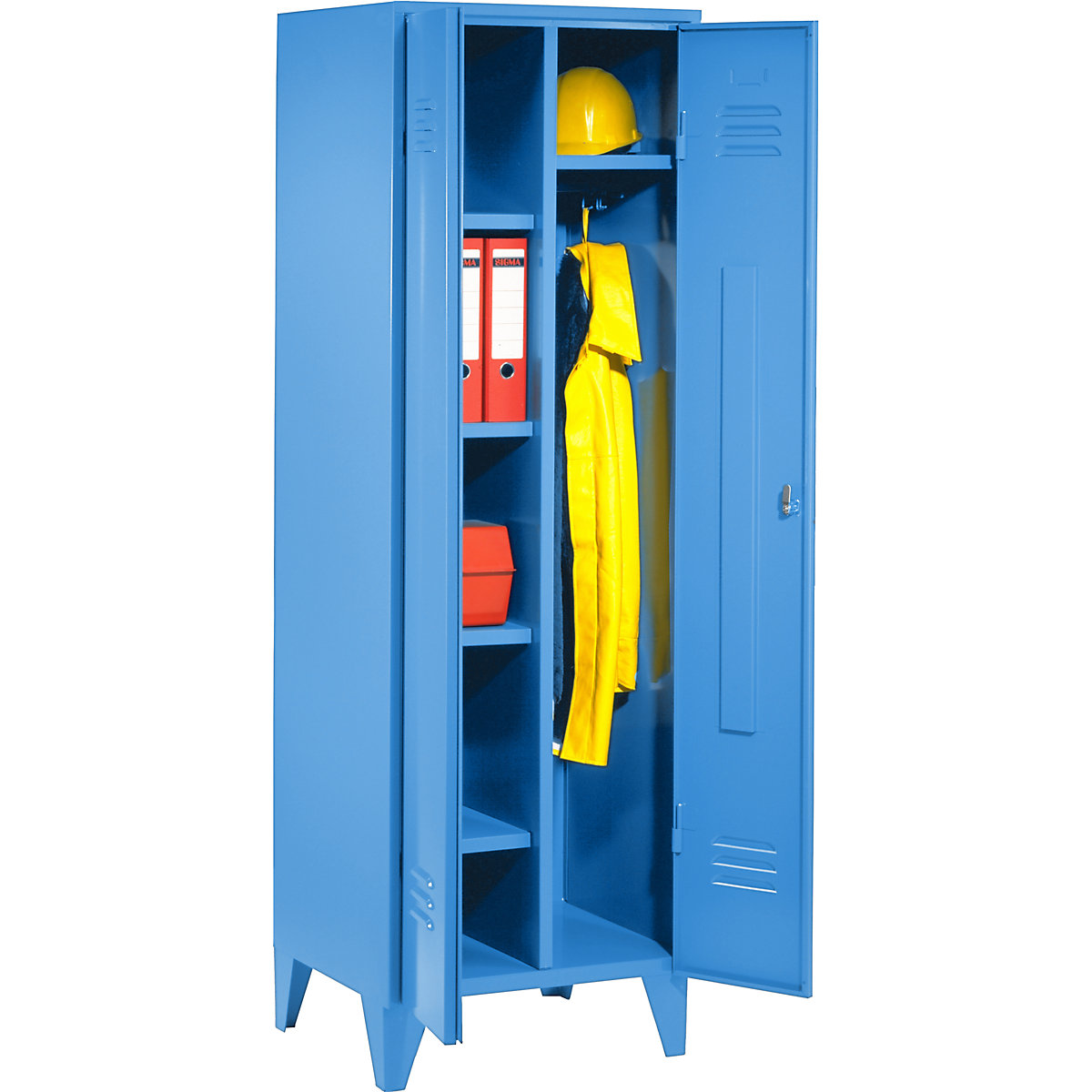 Wolf – Armario de acero, armarios para alojamientos con patas, azul luminoso RAL 5012