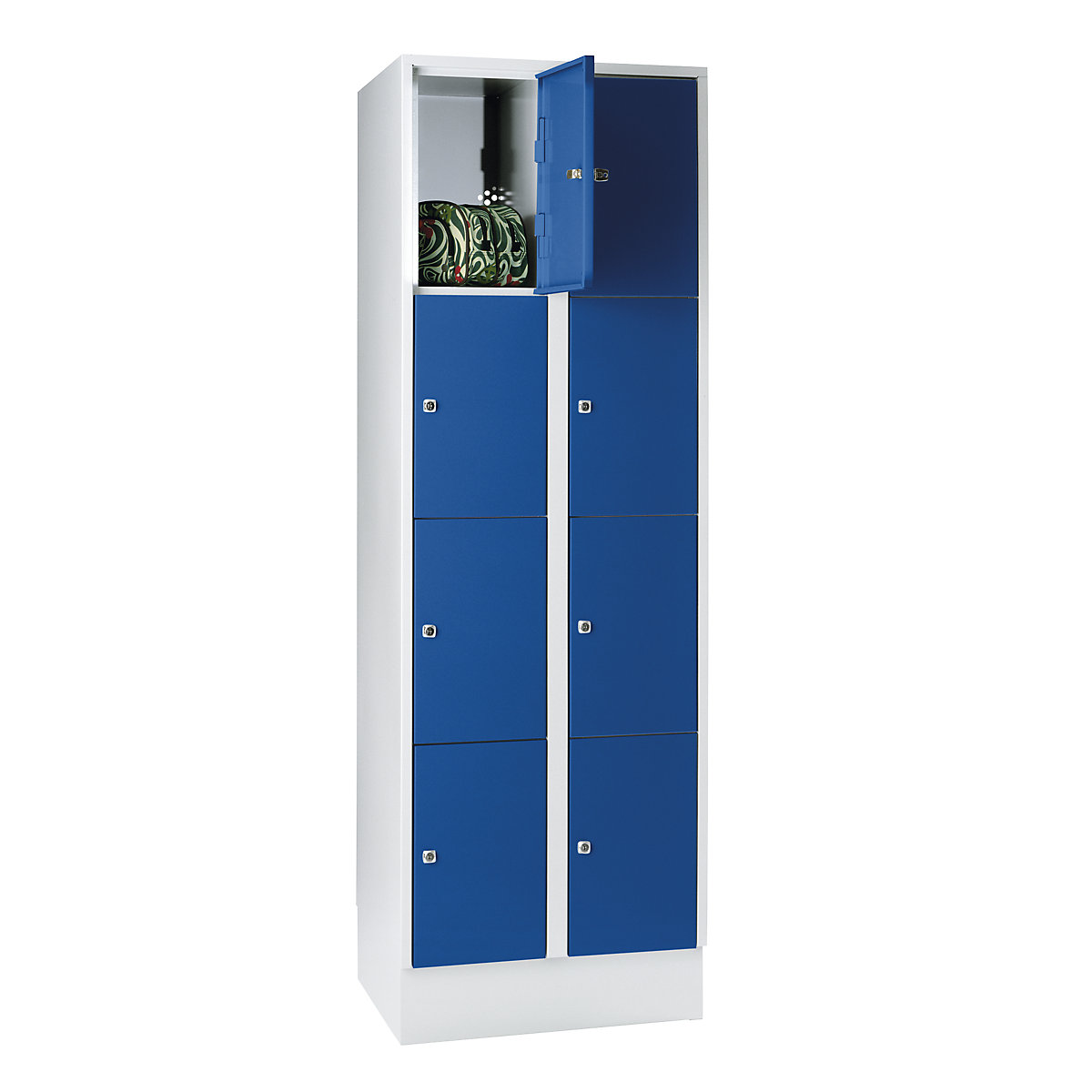 Wolf – Armario de compartimentos bajo llave, con zócalo, 8 compartimentos, 300 mm, gris luminoso / azul genciana