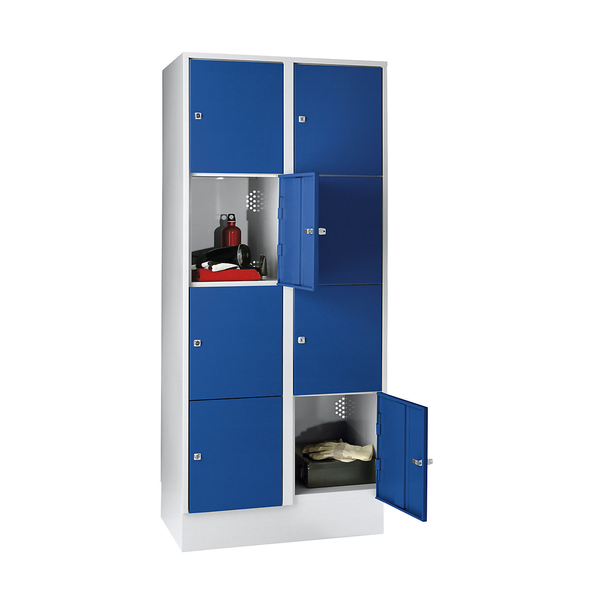 Wolf – Armario de compartimentos bajo llave, con zócalo, 8 compartimentos, 400 mm, gris luminoso / azul genciana