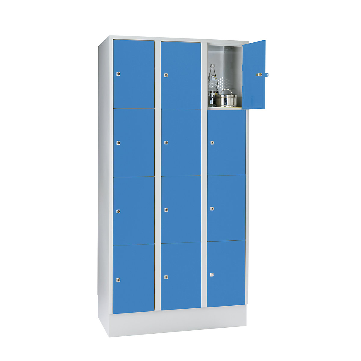 Wolf – Armario de compartimentos bajo llave, con zócalo, 12 compartimentos, 300 mm, gris luminoso / azul luminoso