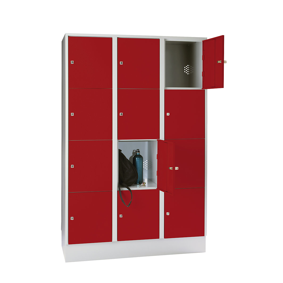 Wolf – Armario de compartimentos bajo llave, con zócalo, 12 compartimentos, 400 mm, gris luminoso / rojo vivo