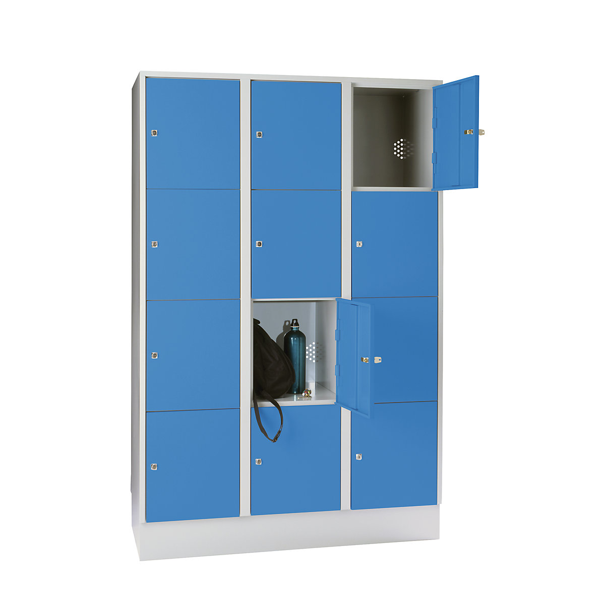Wolf – Armario de compartimentos bajo llave, con zócalo, 12 compartimentos, 400 mm, gris luminoso / azul luminoso