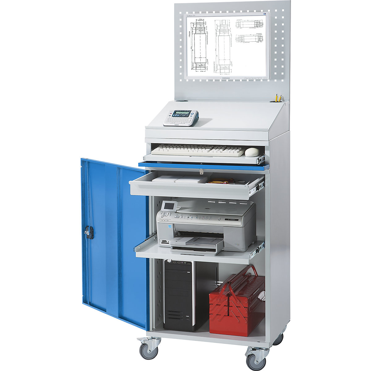 Poste informatique en tôle d'acier – eurokraft pro, h x l 1770 x 650 mm, avec paroi perforée et pupitre, coloris porte bleu clair-8