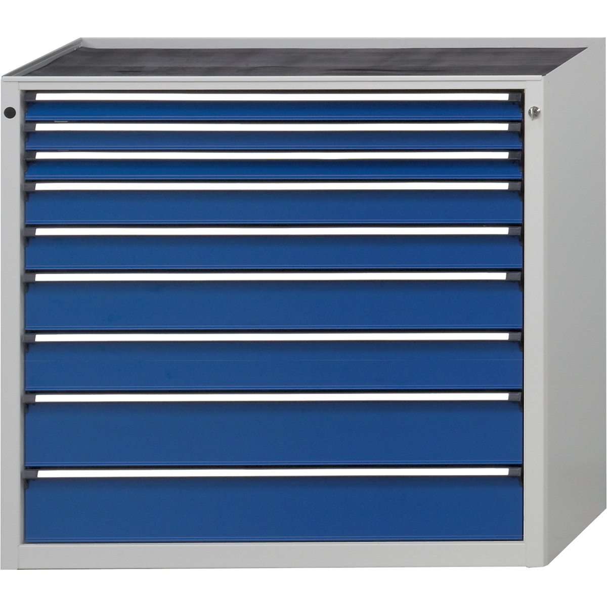 ANKE – Armoire à tiroirs, l x p 1060 x 675 mm, 9 tiroirs, hauteur 980 mm, façade bleu gentiane