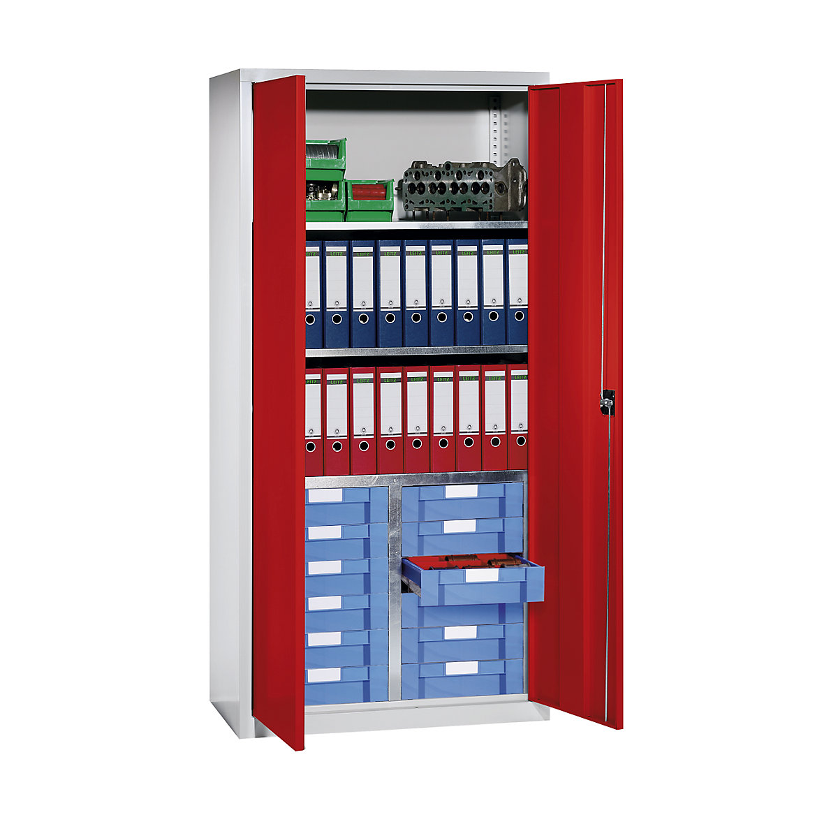 Armoire d'atelier et à tiroirs – eurokraft pro, 3 tablettes, 12 tiroirs, gris clair RAL 7035 / rouge trafic RAL 3020-5