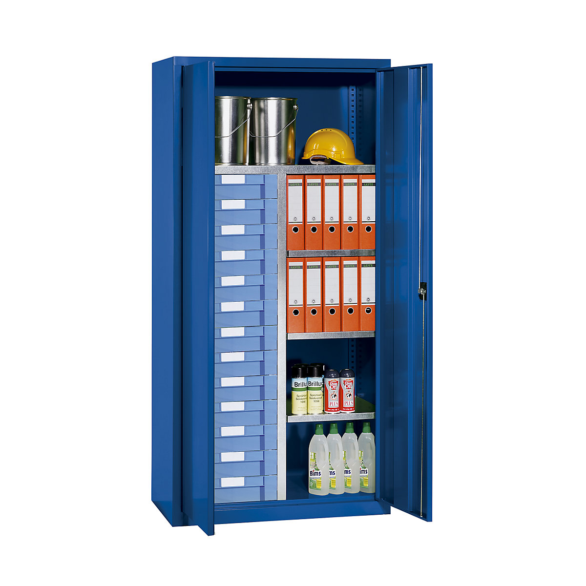 Armoire d'atelier et à tiroirs – eurokraft pro, 4 tablettes, 13 tiroirs, bleu gentiane RAL 5010-4
