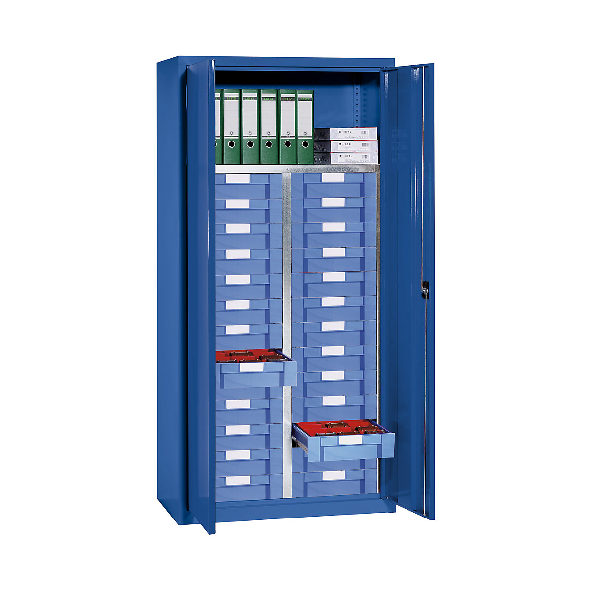 Armoire d'atelier et à tiroirs – eurokraft pro, 1 tablette, 26 tiroirs, bleu gentiane RAL 5010-5