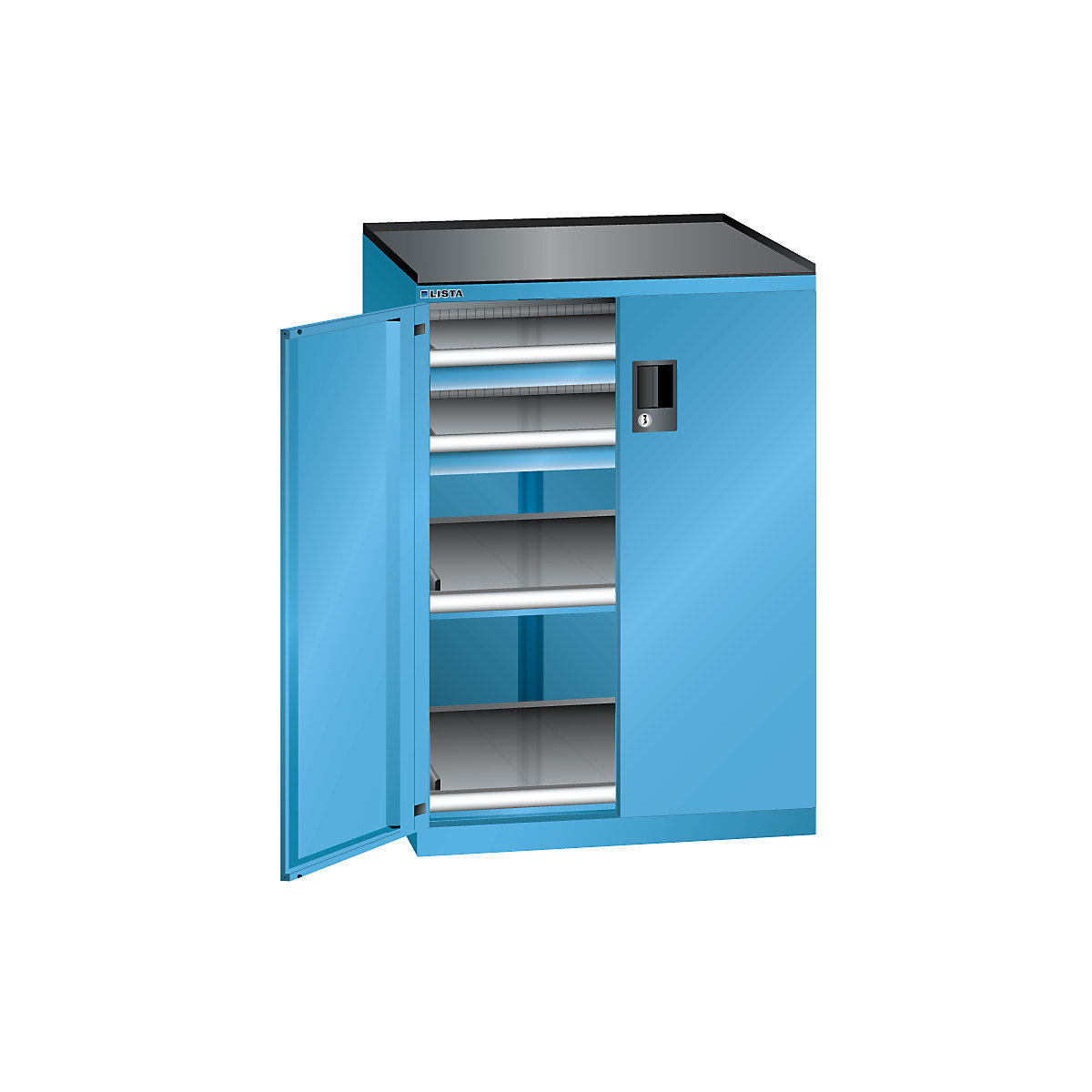 Armoire à tiroirs à portes battantes – LISTA, hauteur 1020 mm, 2 tablettes, 2 tiroirs, charge max. 200 kg, bleu clair-3