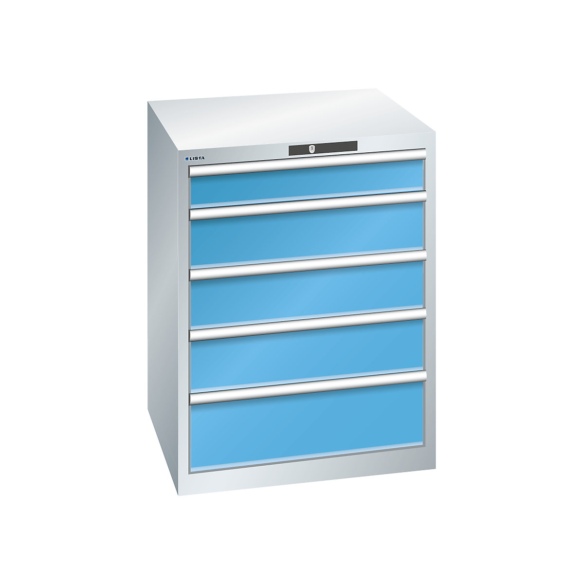 Armoire à tiroirs avec 5 tiroirs – LISTA, l x p x h 717 x 725 x 850 mm, gris clair / bleu clair, charge max. des tiroirs 75 kg-6