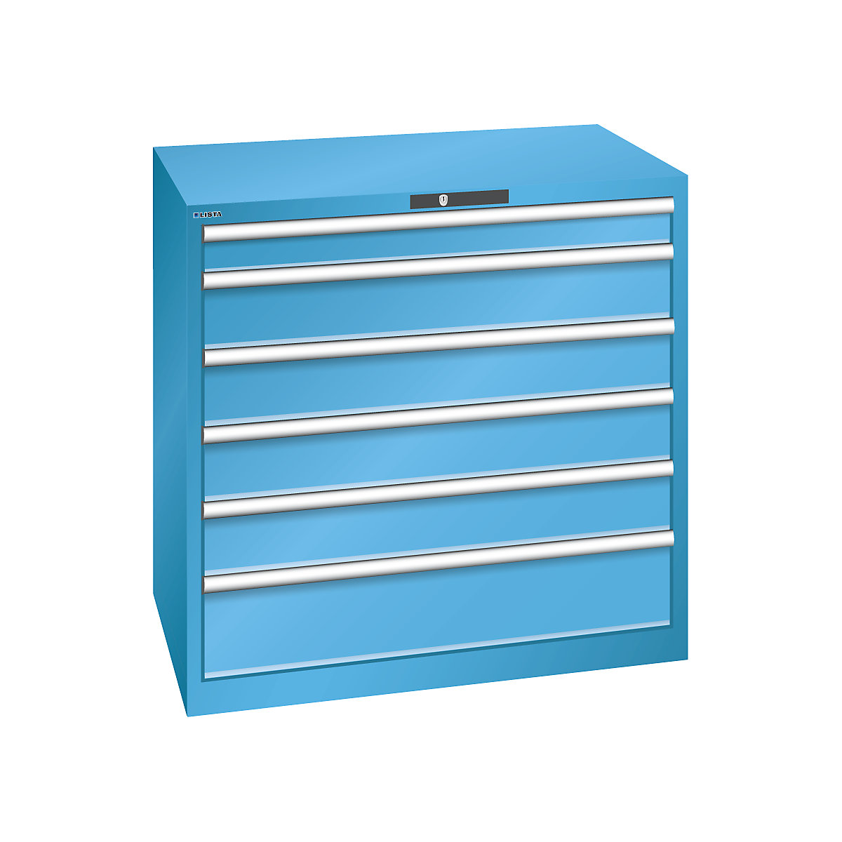LISTA – Armoire à tiroirs en tôle d'acier, h x l 1000 x 1023 mm, 6 tiroirs, charge max. 200 kg, bleu clair