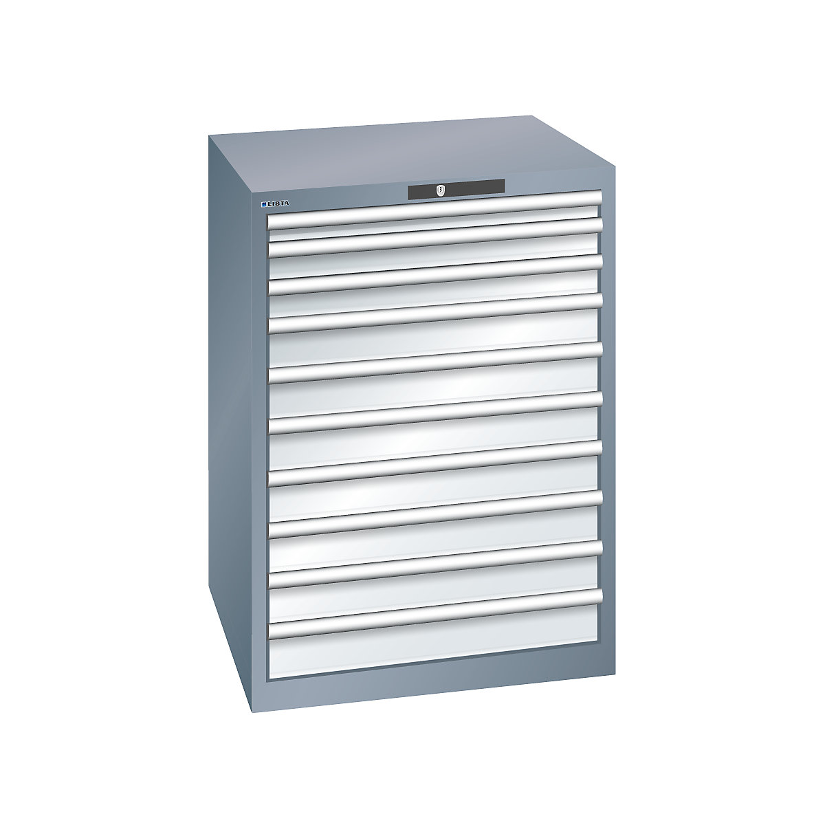 LISTA – Armoire à tiroirs en tôle d'acier, h x l 1000 x 717 mm, 10 tiroirs, gris métallisé / gris clair