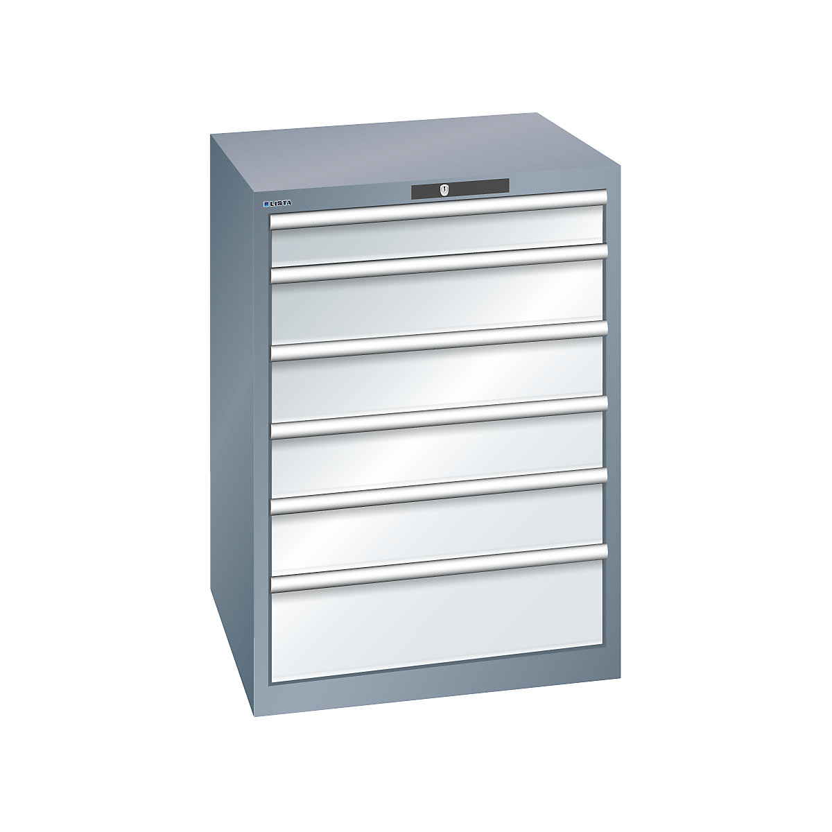 Armoire à tiroirs en tôle d'acier – LISTA, h x l 1000 x 717 mm, 6 tiroirs, gris métallisé / gris clair