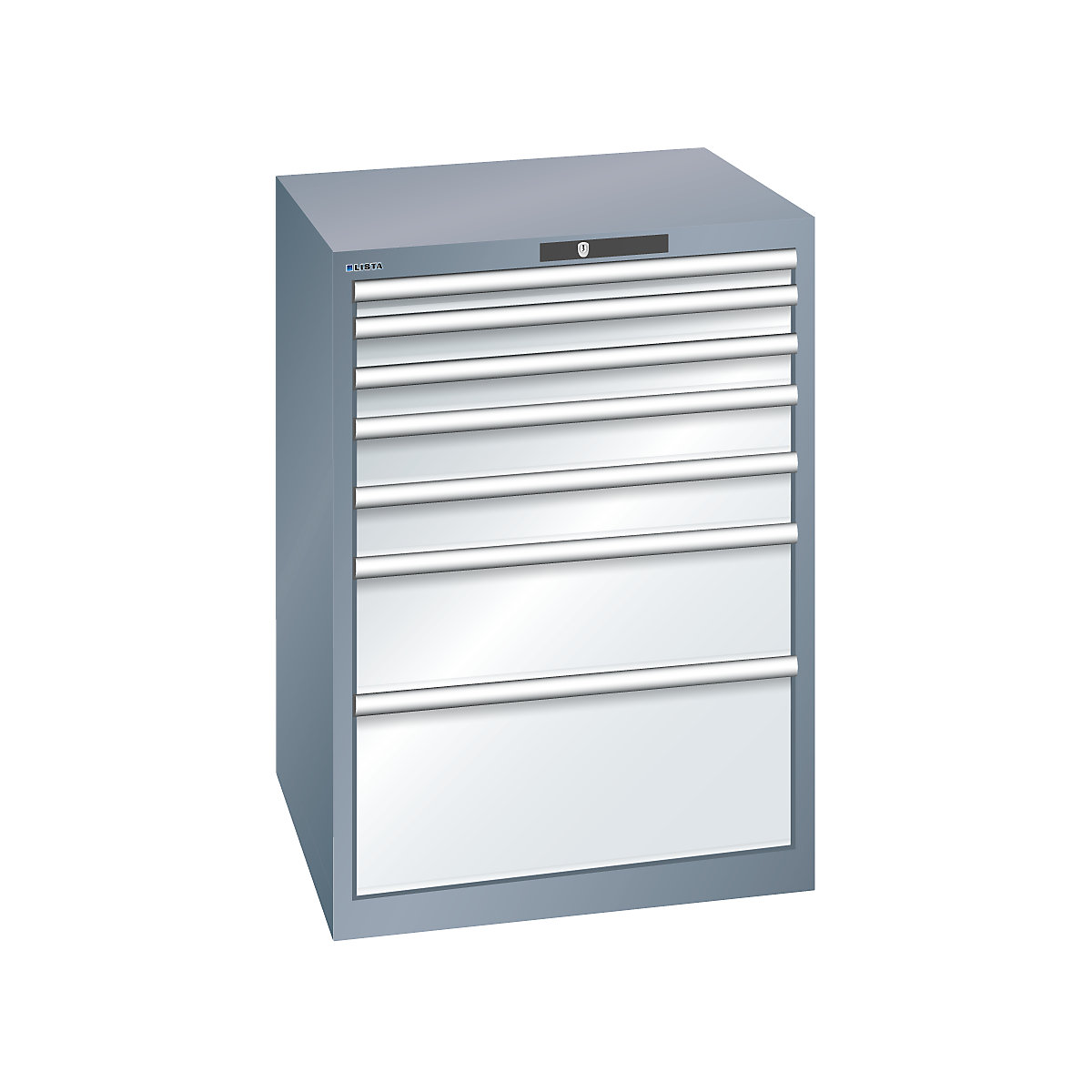 Armoire à tiroirs en tôle d'acier – LISTA, h x l 1000 x 717 mm, 7 tiroirs, gris métallisé / gris clair-9