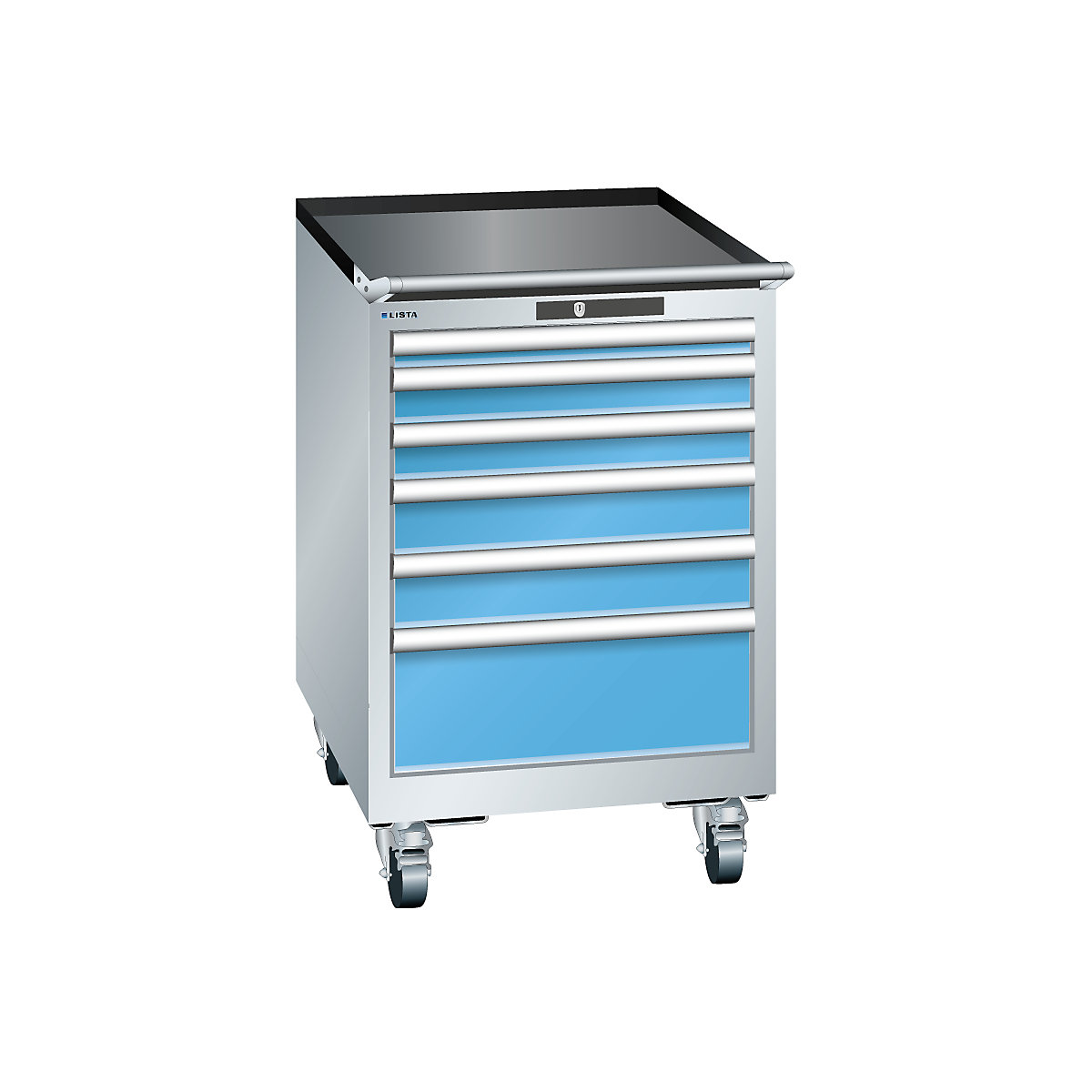 Armoire à tiroirs mobile, largeur 564 mm – LISTA, 6 tiroirs, h x p 890 x 572 mm, gris clair / bleu clair-4