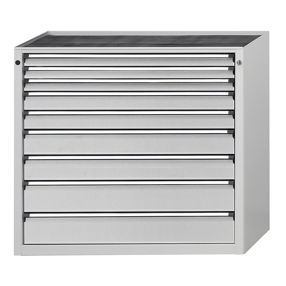 Armoire à tiroirs – ANKE, l x p 1060 x 675 mm, charge max. tiroirs 200 kg, 9 tiroirs, hauteur 1280 mm, façade gris clair-9