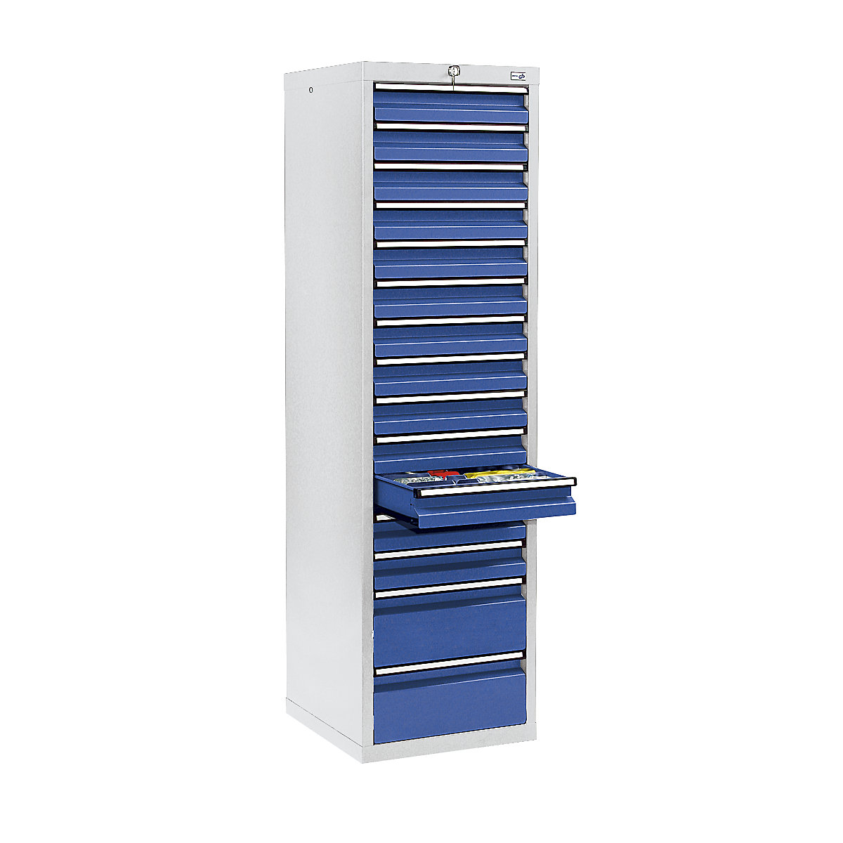 Armoire à tiroirs, h x l x p 1800 x 500 x 500 mm, 13 tiroirs hauteur 100 mm, 2 hauteur 200 mm, corps gris, tiroirs bleu gentiane