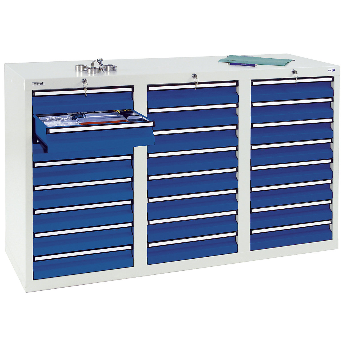 Armoire à tiroirs, h x l x p 900 x 1500 x 500 mm, 24 tiroirs hauteur 100 mm, corps gris, tiroirs bleu gentiane