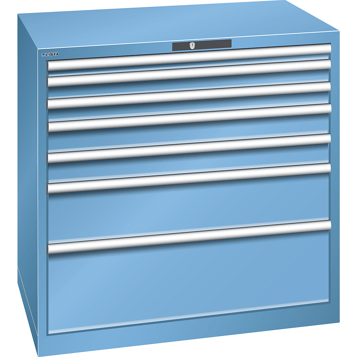 LISTA – Armoire à tiroirs en tôle d'acier, h x l 1000 x 1023 mm, 7 tiroirs, charge max. 200 kg, bleu clair
