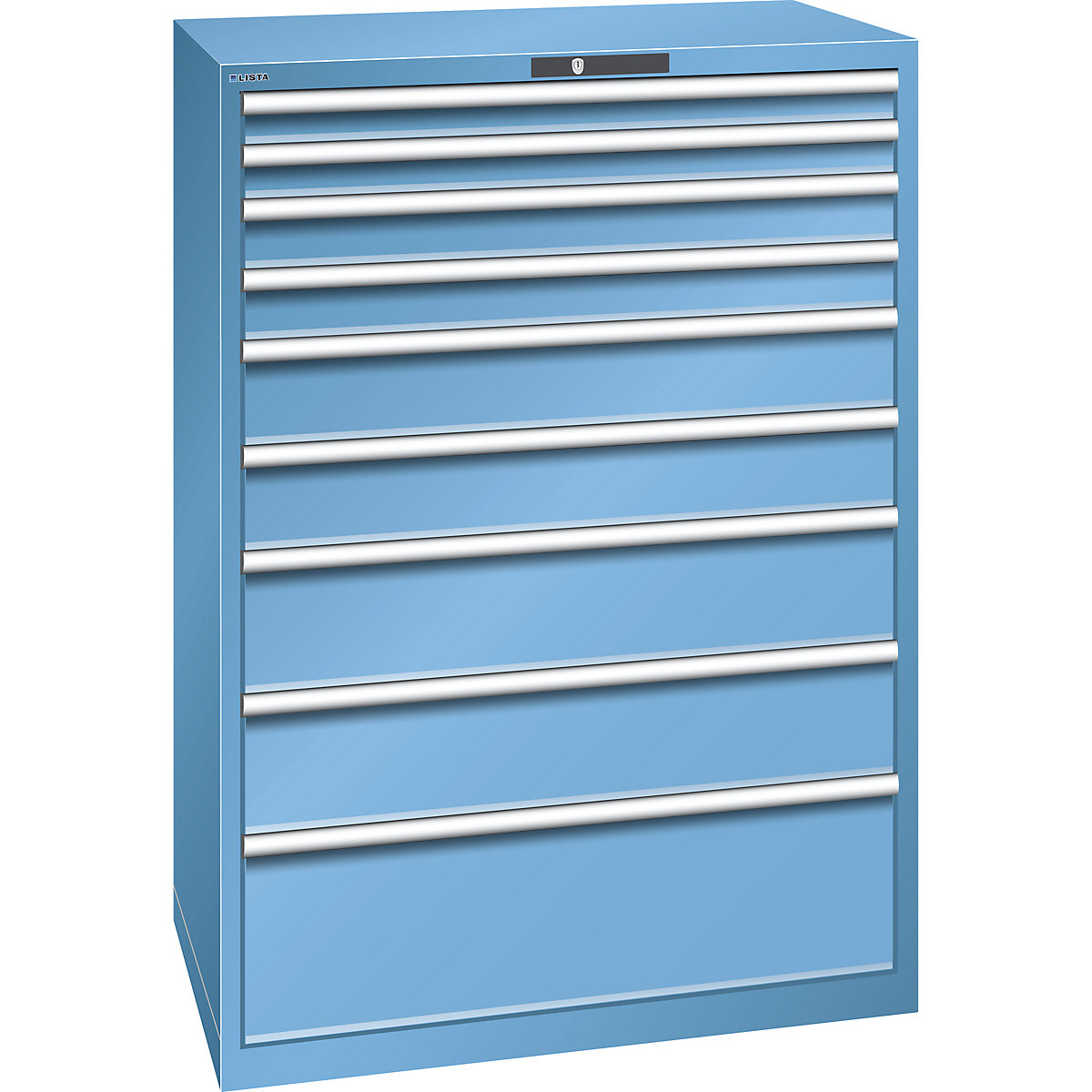LISTA – Armoire à tiroirs en tôle d'acier, h x l 1450 x 1023 mm, 9 tiroirs, charge max. 200 kg, bleu clair