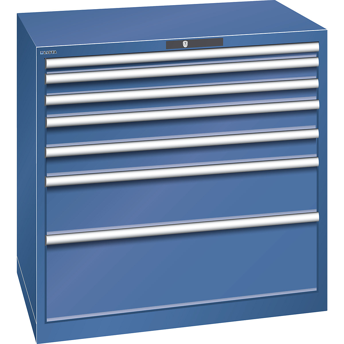 LISTA – Armoire à tiroirs en tôle d'acier, h x l 1000 x 1023 mm, 7 tiroirs, charge max. 200 kg, bleu gentiane