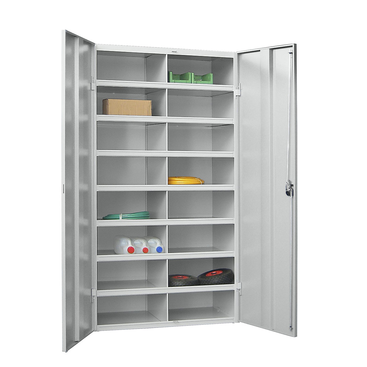 Armoire-rayonnage à casiers – Pavoy, 16 casiers, avec portes, gris-1