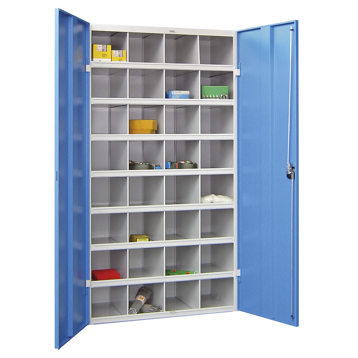 Armoire-rayonnage à casiers – Pavoy, 32 casiers, avec portes, gris / bleu-8