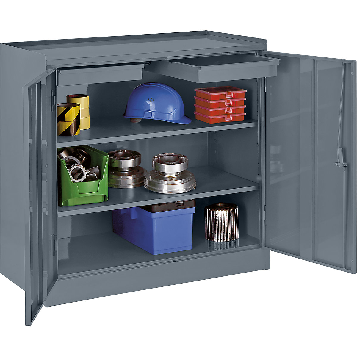 Armoire à outils – eurokraft basic, 2 tiroirs, 2 tablettes sur toute la largeur, gris bleu RAL 7031-2